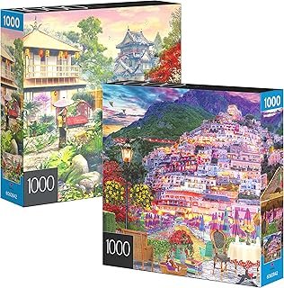 2-Pack of 1000-Piece Jigsaw Puzzles, for Adults, Families, and Kids Ages 8 and up, Amalfi Coast and Japan Garden