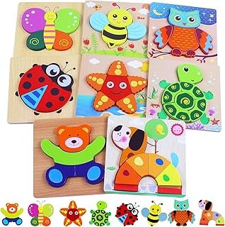 8 Pack Toddler Puzzles, Wooden Animal Jigsaw Puzzle Gifts for Kids 3+ Years Old Girls Boys, Animals Shapes Colors Montesso…
