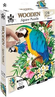 Puzzle Master Wooden Puzzle – Art Jigsaw Wood Cut Puzzle with Display Stand for Adults and Kids – Macaw 128-Pieces Set