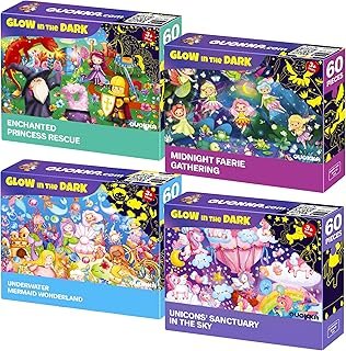 QUOKKA Set of 4x60 Pieces Glow Puzzles for Kids Ages 4-6 - Glow Jigsaw Puzzles for Toddlers 3-5 - Unicorn Princess Fairy M...