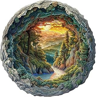 Wooden Puzzles for Adults, 3D Vision Effects Cave Forest Wooden Jigsaw Puzzles for Adults, Unique Shape, Hill Sunset Fores…